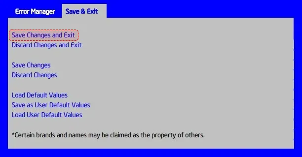 BIOS save and exit screen