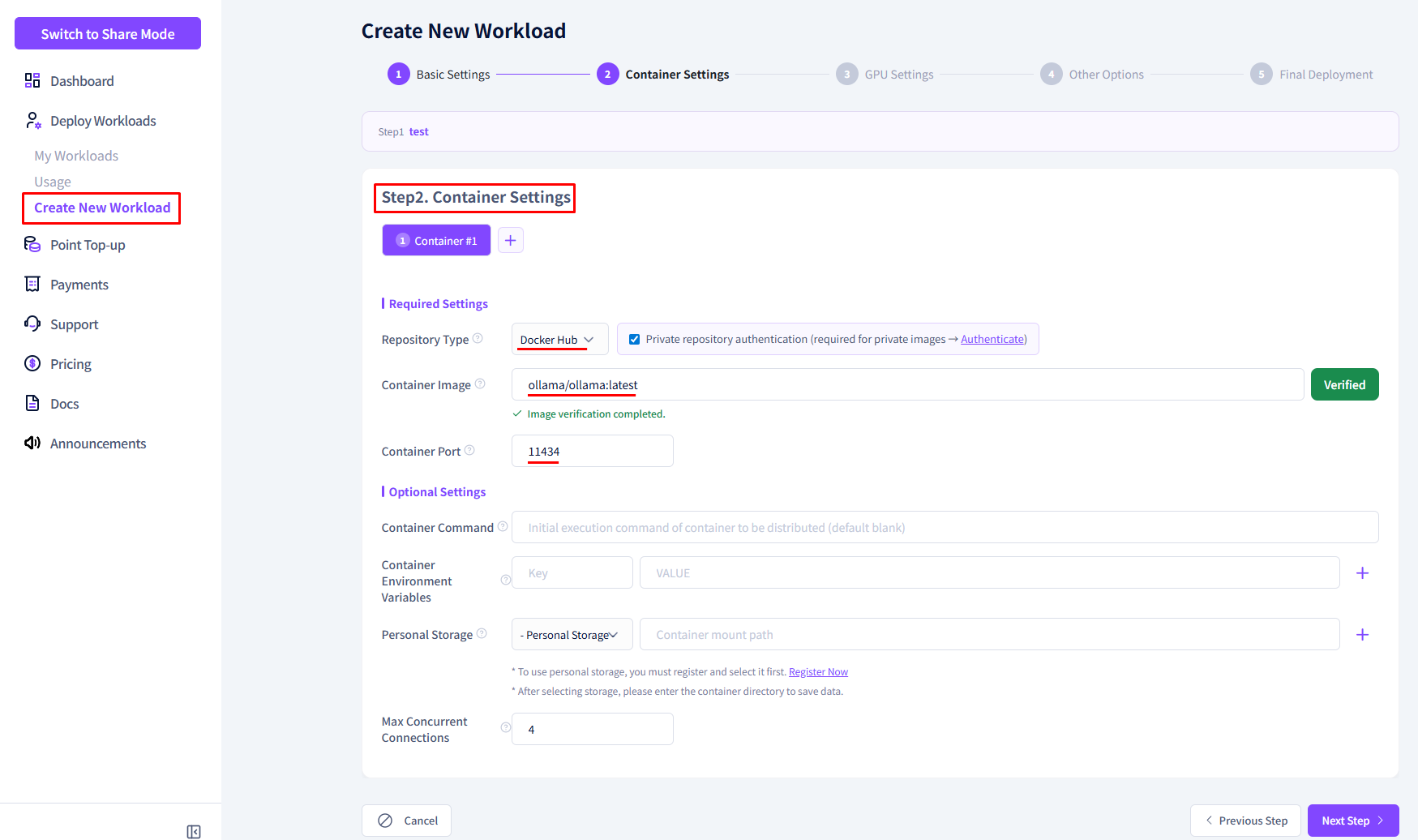 Screenshot: First container setup