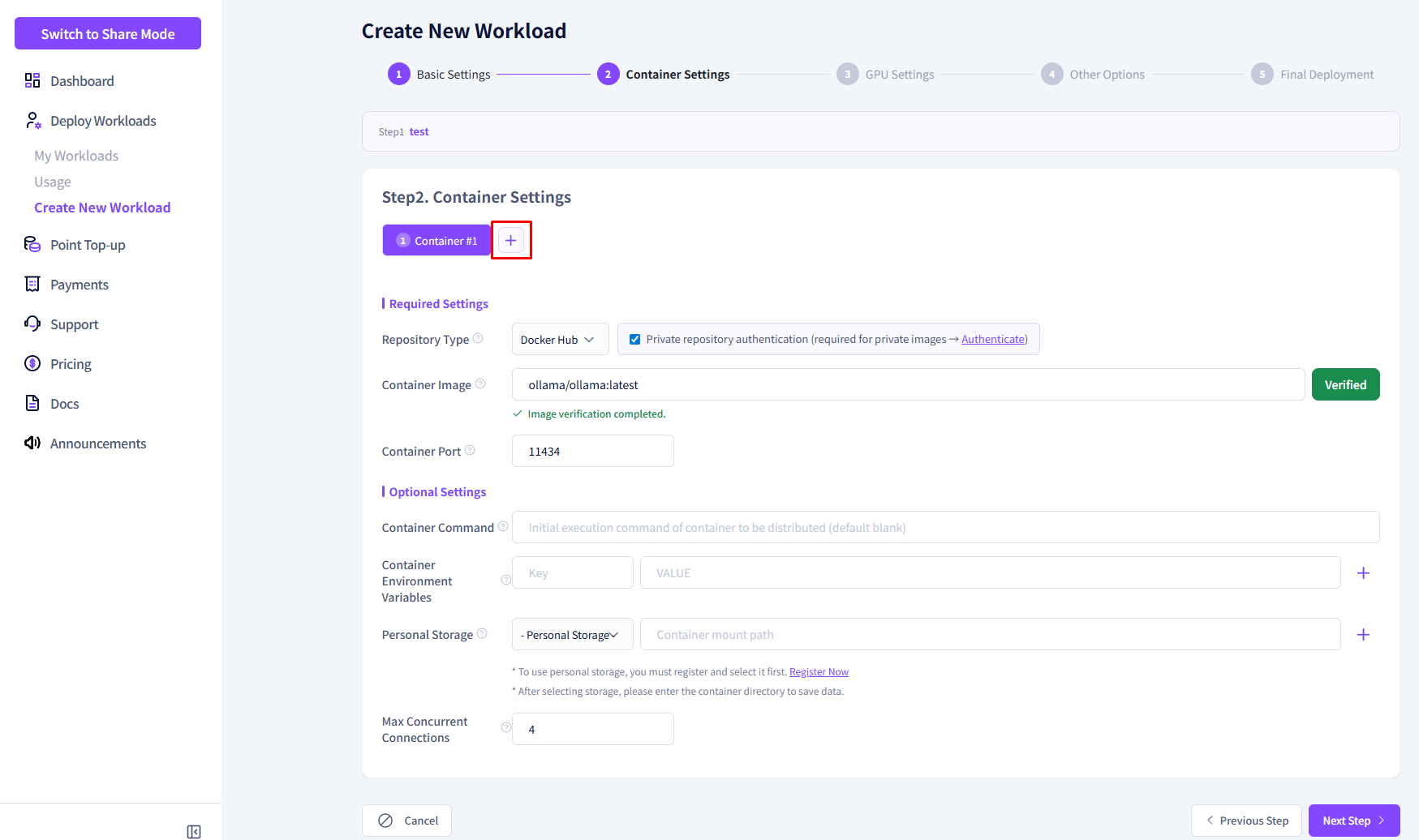 Screenshot: Add container button