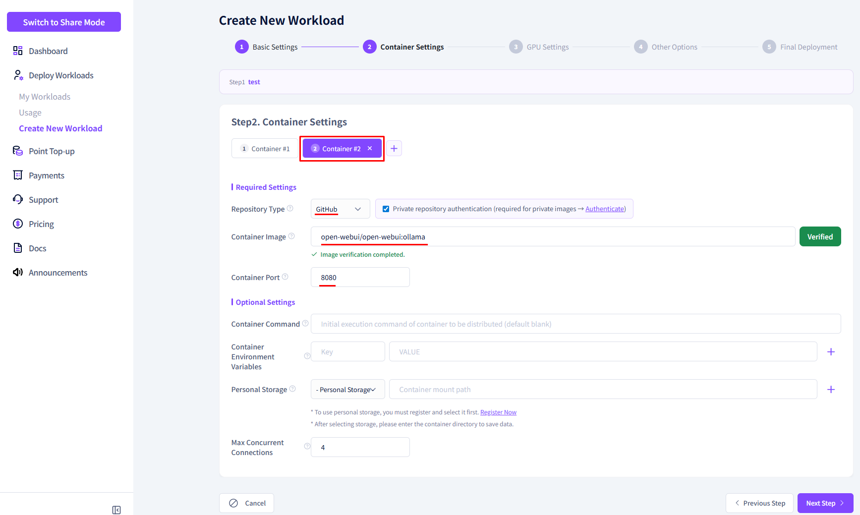 Screenshot: Second container setup