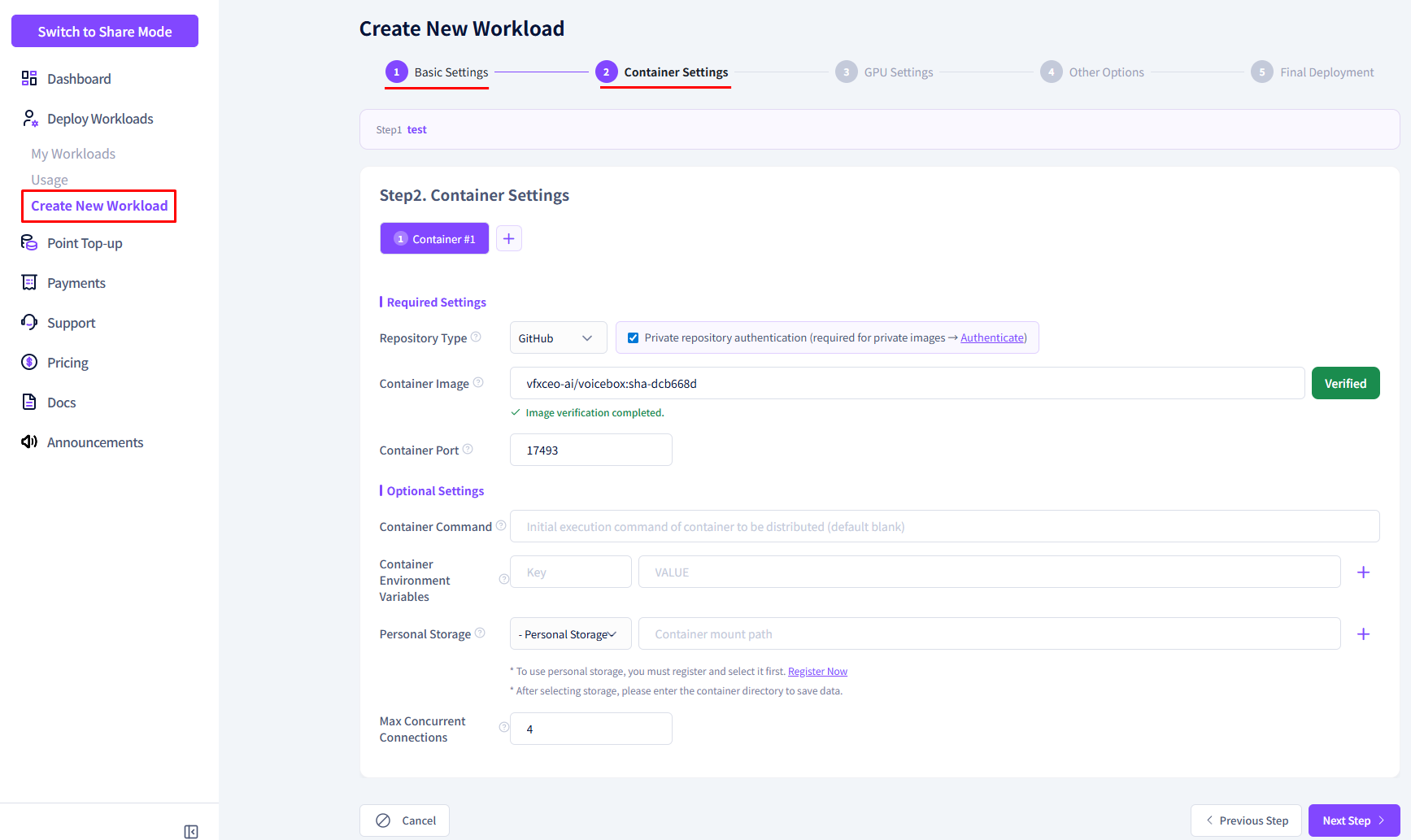 Screenshot: Container setup screen