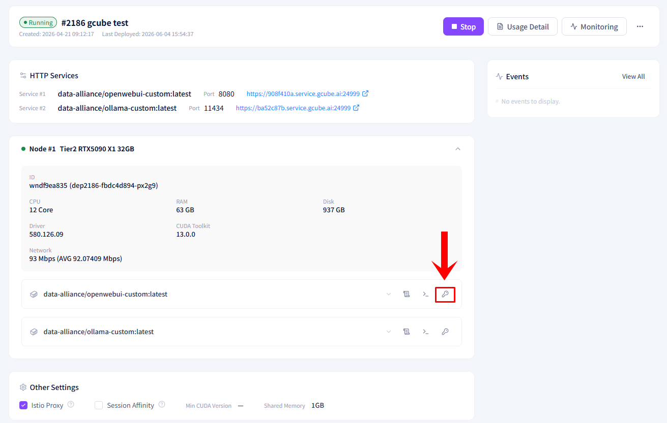 Screenshot: Container SSH button