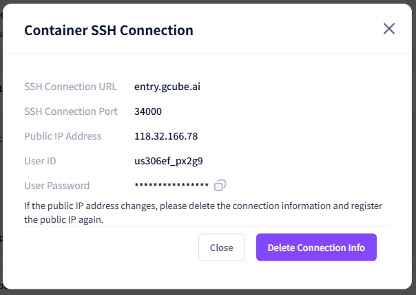 Screenshot: SSH connection info popup